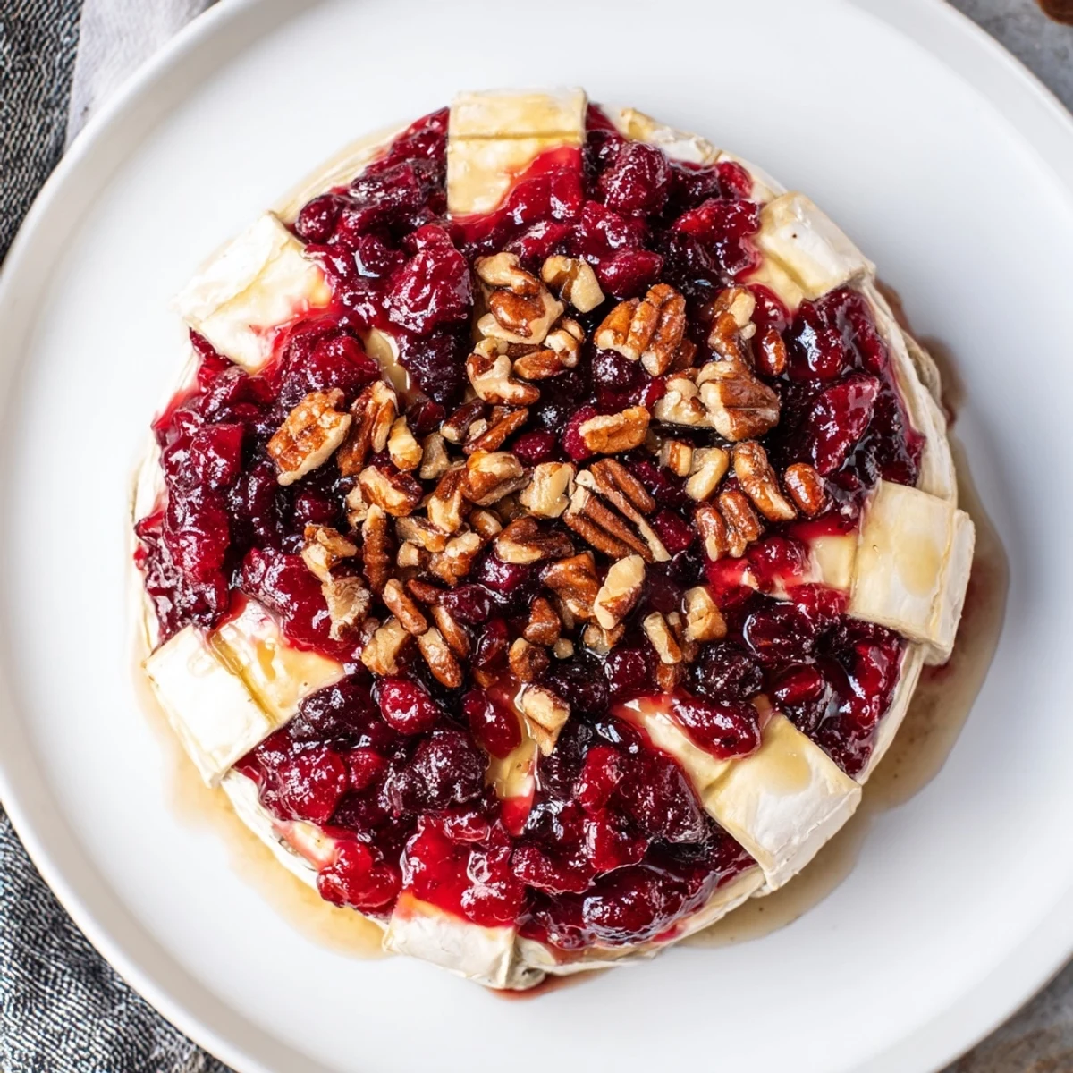 A close-up of baked Brie with cranberry and pecan topping, melted and served with crusty bread slices.