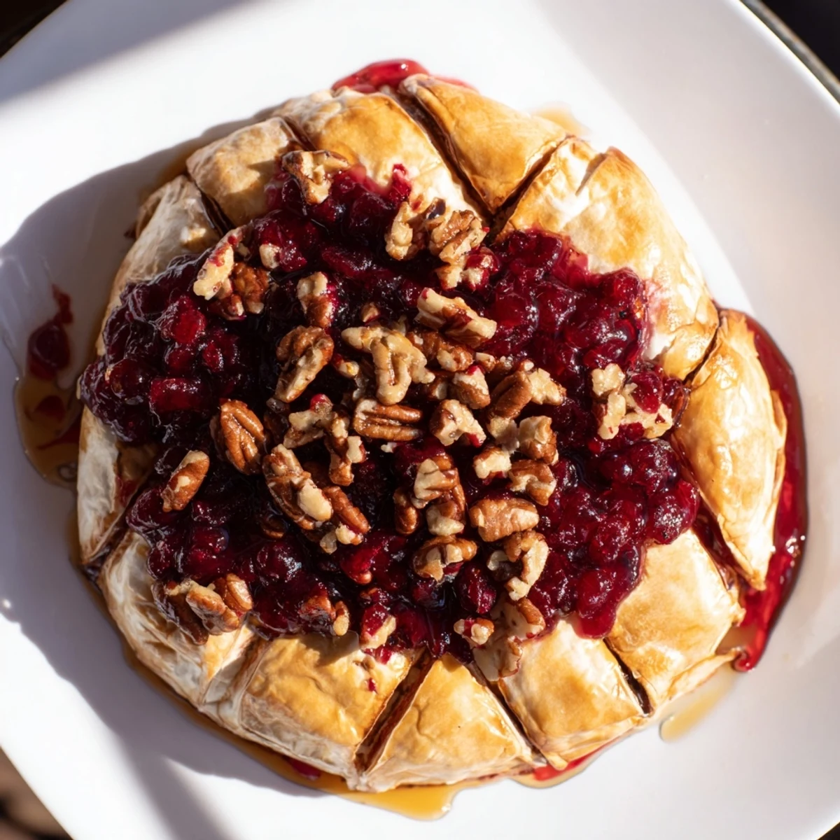 A warm wheel of baked Brie with cranberry and pecan, garnished with fresh herbs on a rustic wooden board.