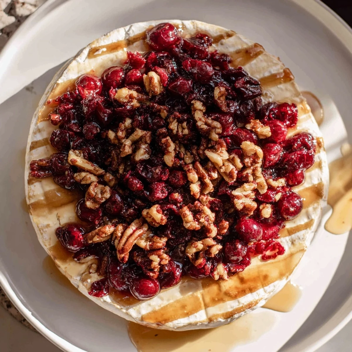 A golden baked Brie with cranberry and pecan glaze, bubbling beside crackers and a festive wine pairing suggestion.
