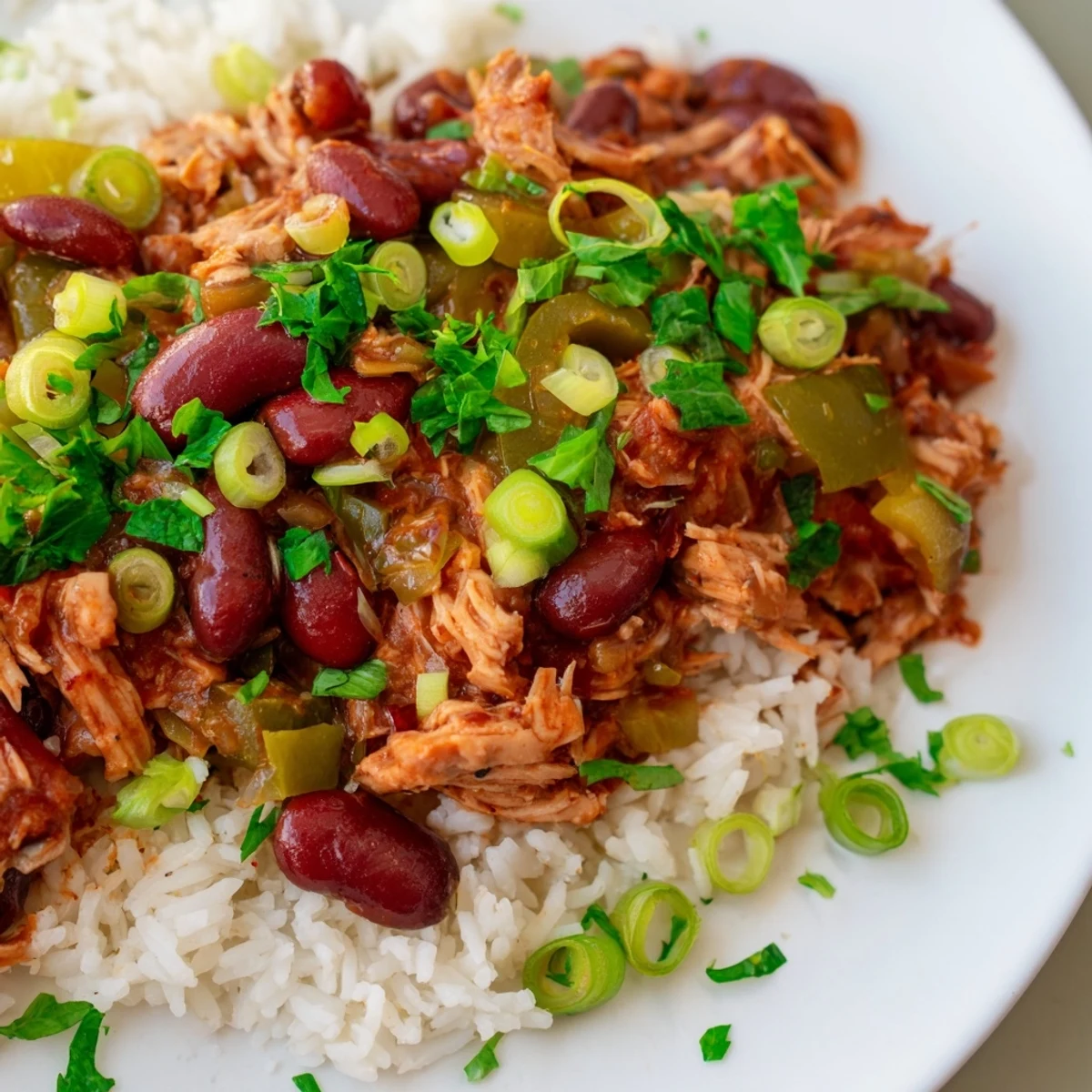 A warm bowl of Creole Red Beans and Rice with Smoked Turkey, garnished with fresh parsley and green onions, served alongside cornbread.  