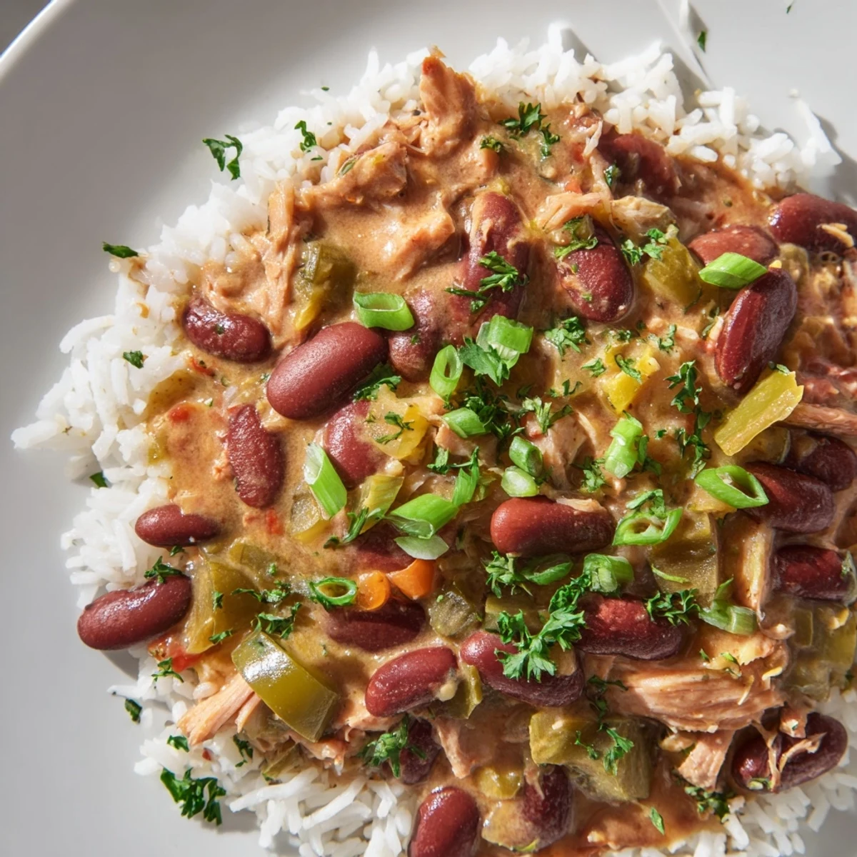 Close-up of creamy Creole Red Beans and Rice with Smoked Turkey, showcasing tender beans, shredded meat, and fluffy white rice.  