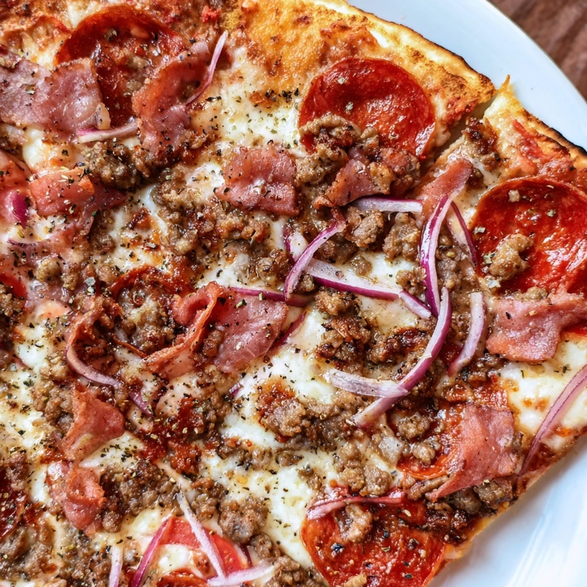 A close-up of the hearty Meat Lover Pizza with Beef Toppings, featuring beef and ham on a crisp crust.