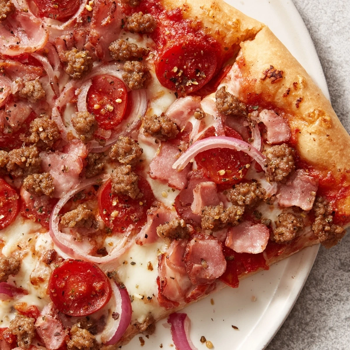 Golden, bubbly cheese tops the Meat Lover Pizza with Beef Toppings, loaded with sliced pepperoni and crumbled sausage.