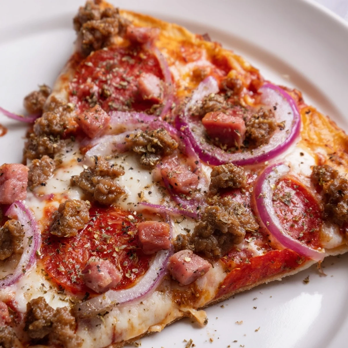 Sizzling Meat Lover Pizza with Beef Toppings served hot, garnished with oregano and red pepper flakes on a rustic board.
