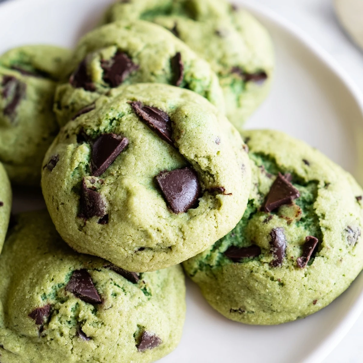 A close-up of freshly baked mint chip cookies with vibrant green dough, studded with semi-sweet chocolate chips on a cooling rack.