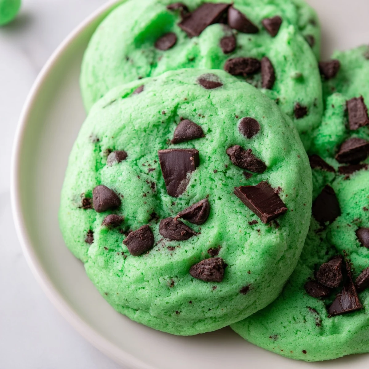 Perfectly chewy mint chip cookies displayed on a rustic wooden table, with a glass of milk ready for dipping.