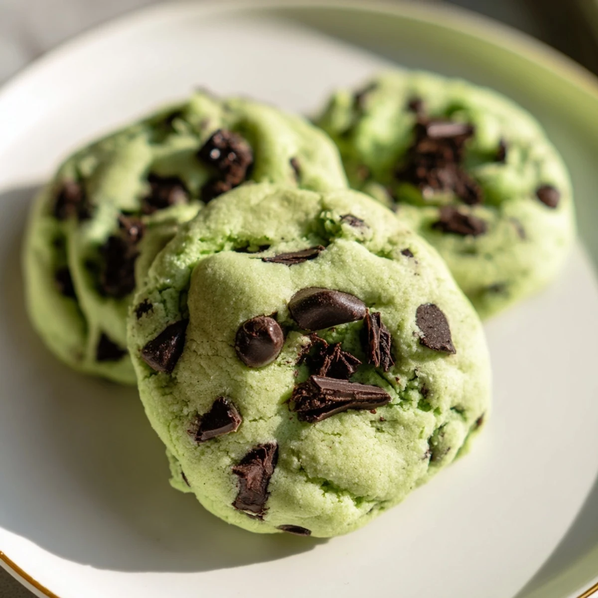 A hand reaches for a warm mint chip cookie, revealing a soft interior and melty chocolate chunks.