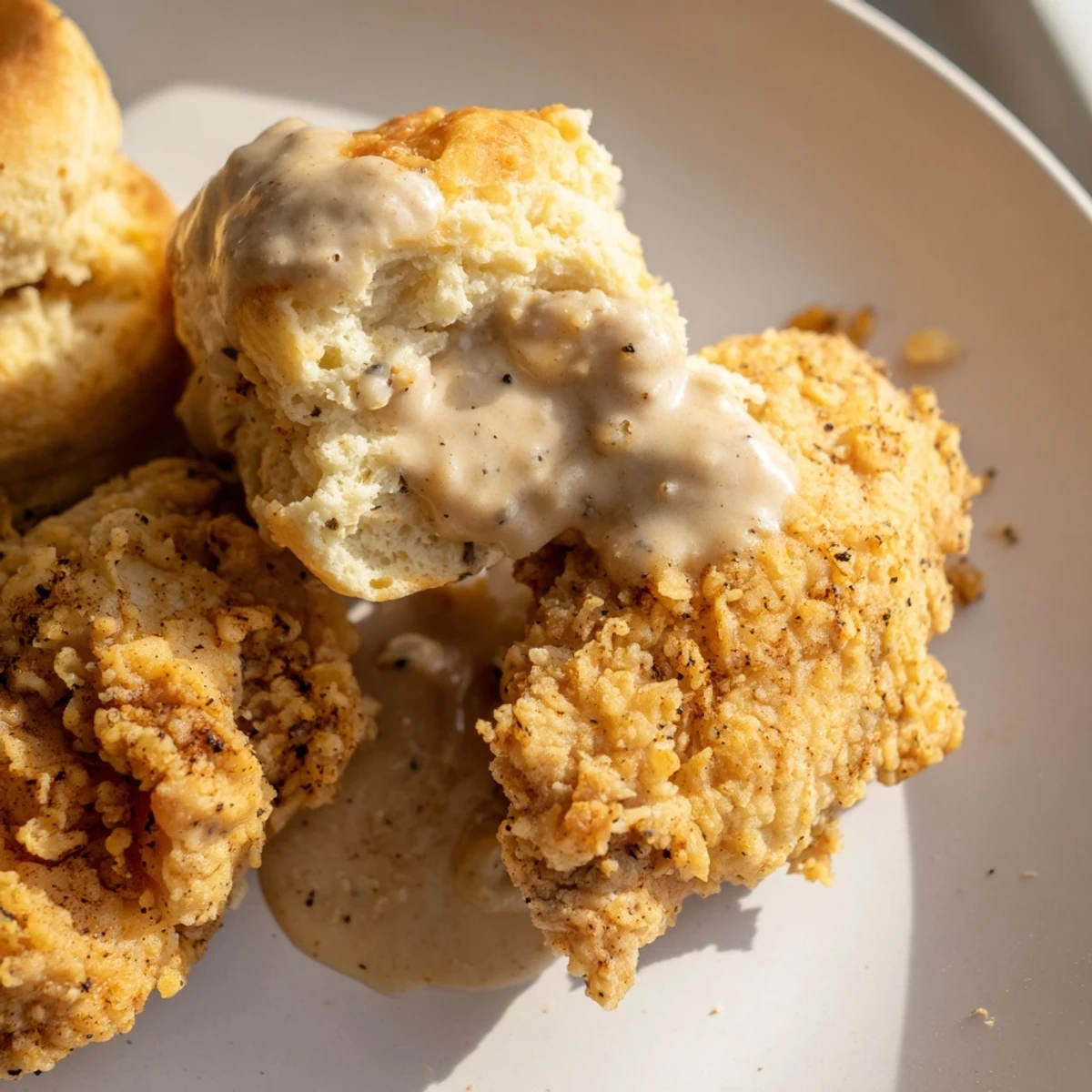 Golden-brown fried chicken with biscuits, drizzled with creamy peppered gravy for a comforting Southern meal.  