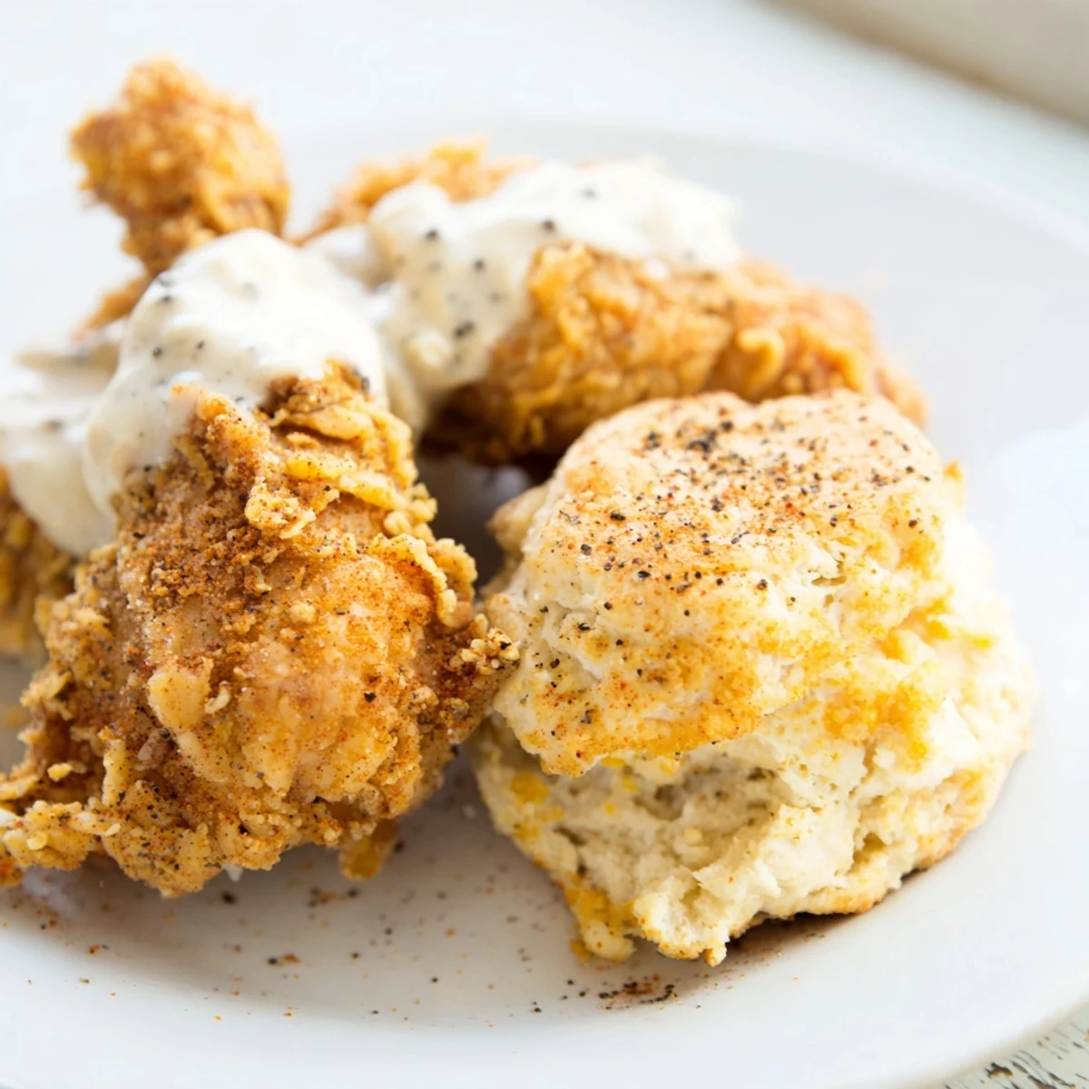 Homemade Fried Chicken with Biscuits and Gravy, featuring juicy chicken and steamy biscuits smothered in gravy.
