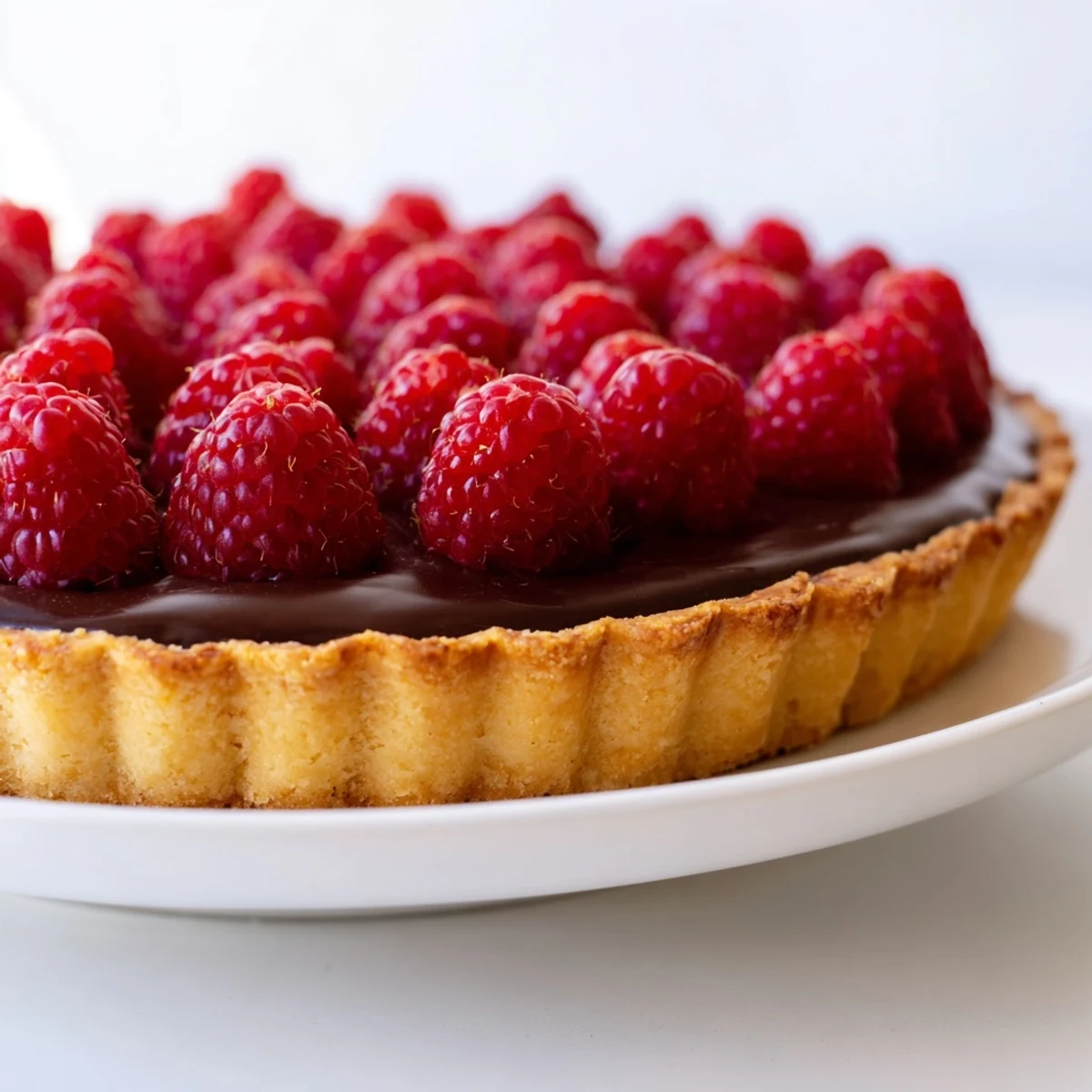 A slice of raspberry tart with chocolate ganache features a crisp, buttery crust filled with glossy ganache and topped with fresh, vibrant berries.