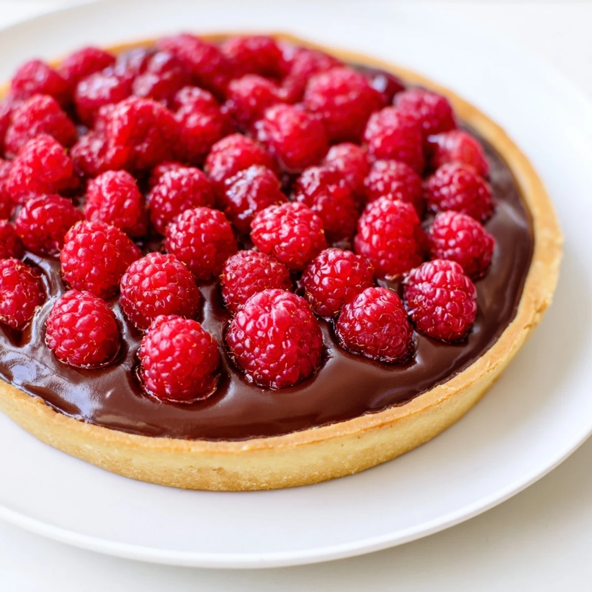 Fresh raspberries glisten atop a rich chocolate ganache tart, with a crisp, buttery crust ready for a summer dessert spread.
