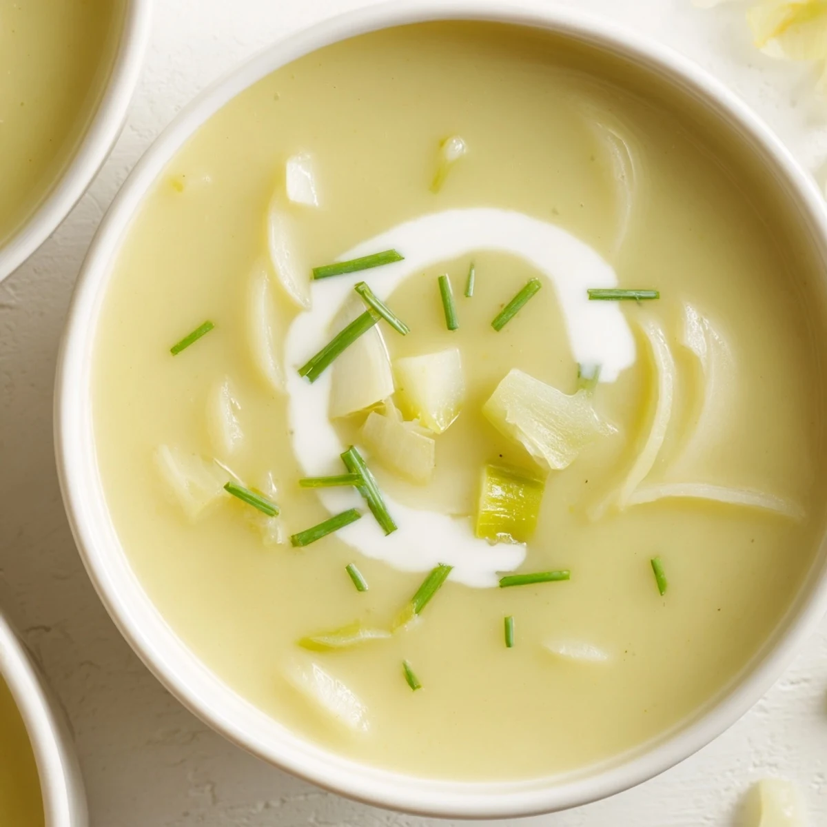 A bowl of velvety leek and potato soup, its pale green surface dotted with chives and a swirl of cream.
