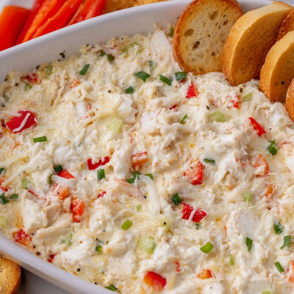 A warm, bubbly baked crab dip in a dish, served with crisp crackers and golden crostini slices for dipping.