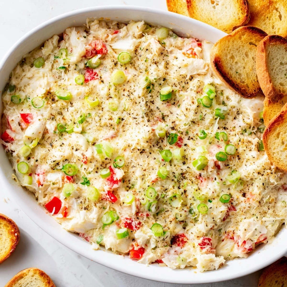 Enjoy a scoop of savory lump crab dip on a piece of toasted crostini, showing the rich, cheesy texture inside.