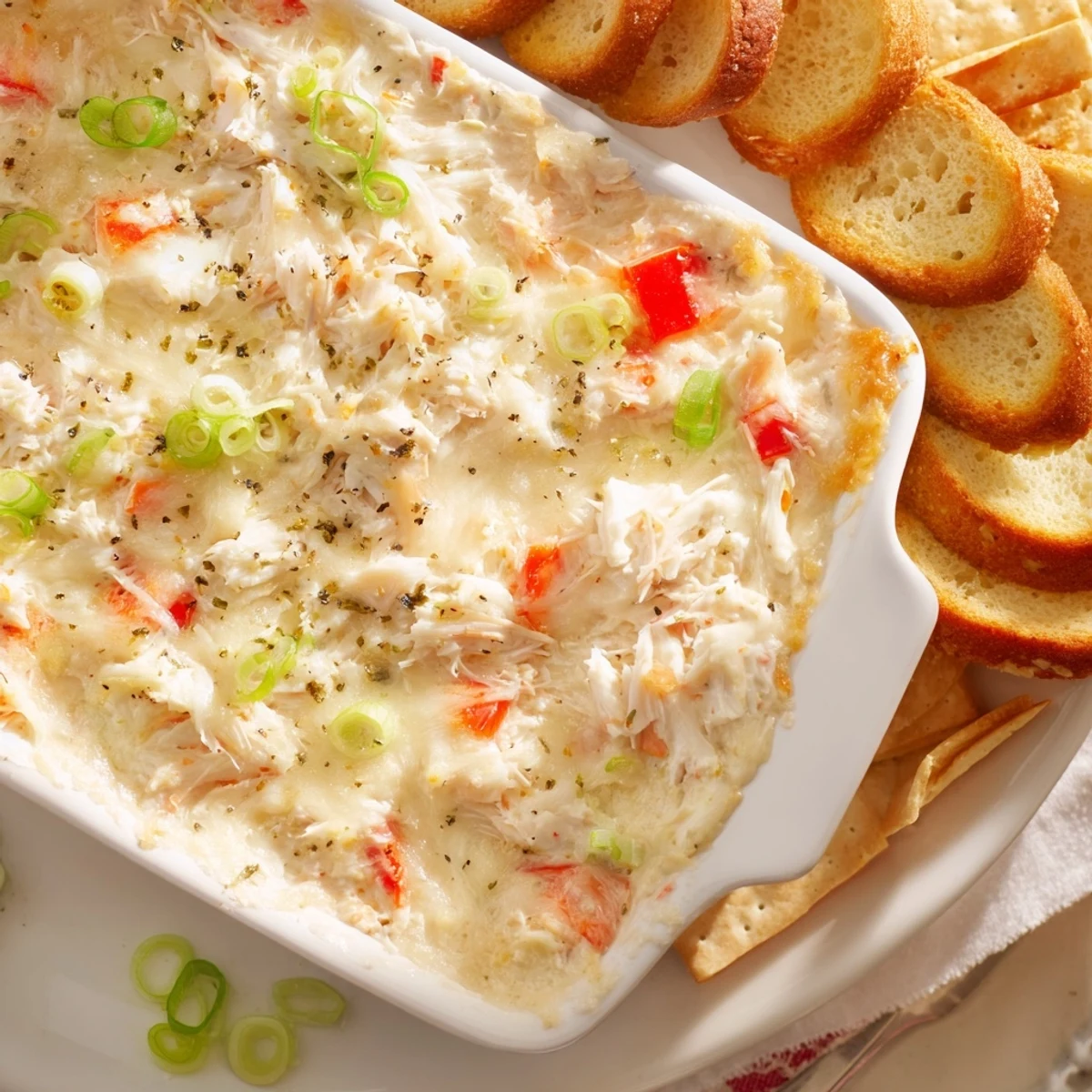 The creamy baked crab dip is garnished with fresh parsley and green onions, ready to serve at a party.