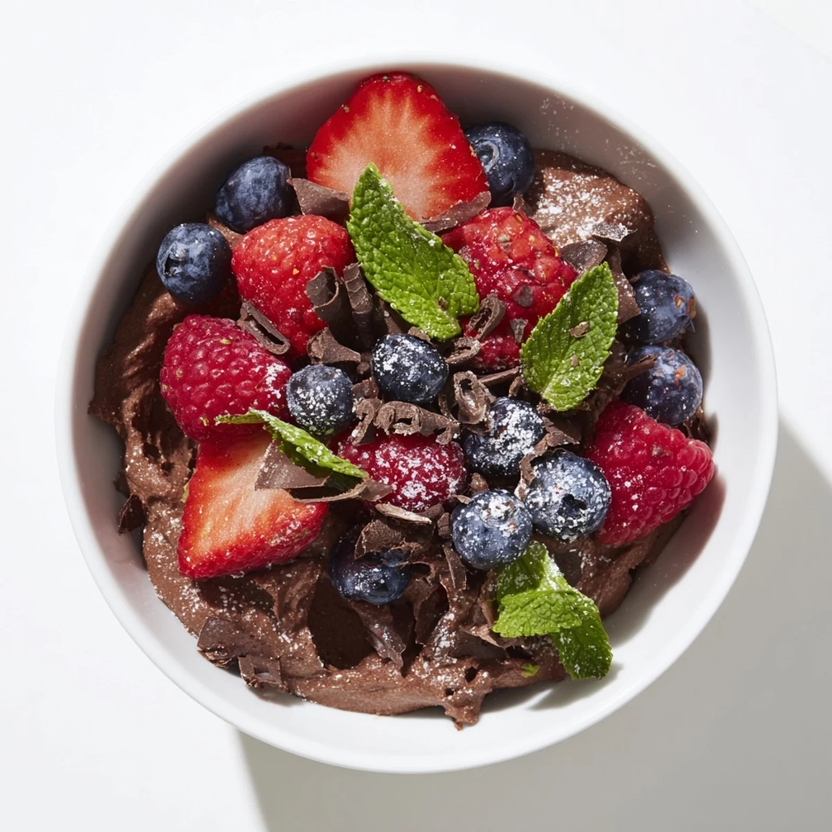 Creamy dark chocolate mousse with mixed berries in elegant dessert glasses.  