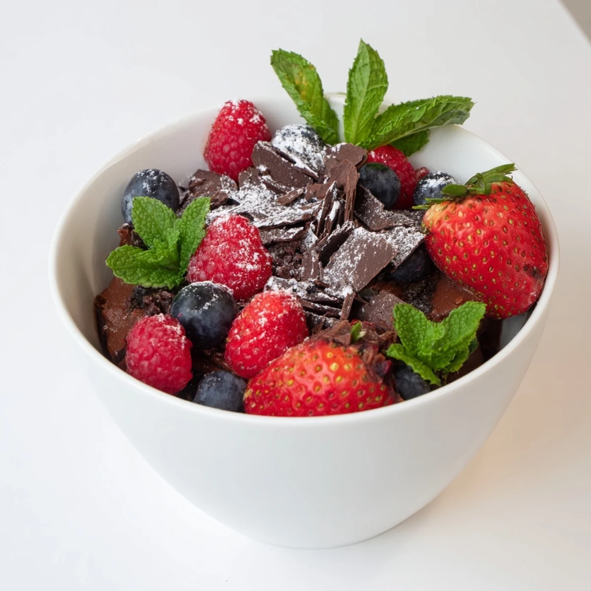 Chocolate mousse crowned with vibrant fresh strawberries, raspberries, and blueberries.  