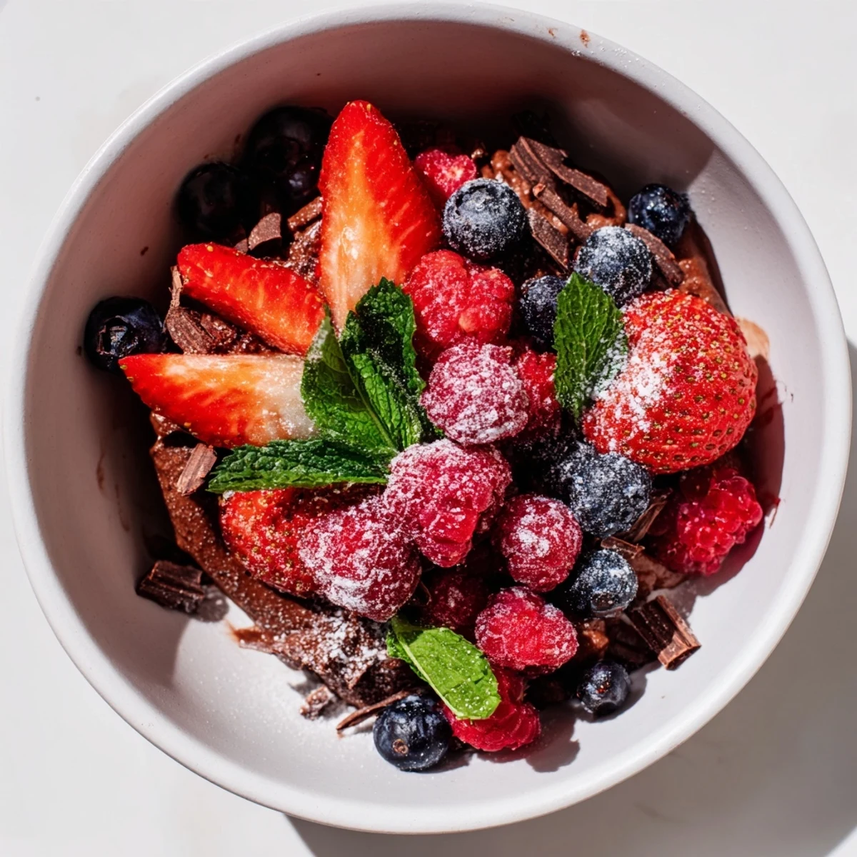 Silky chocolate mousse topped with juicy mixed berries and mint.