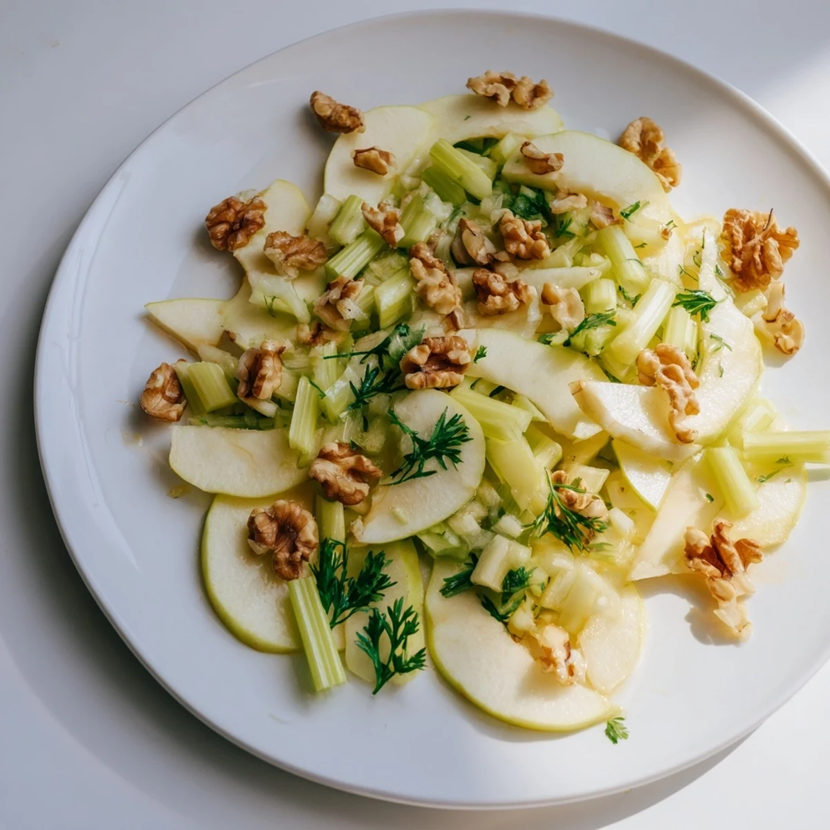 Crisp Apple and Celery Salad with Walnuts features sliced apples, celery, and toasted nuts tossed in a bright lemon dressing for a refreshing side dish.  
