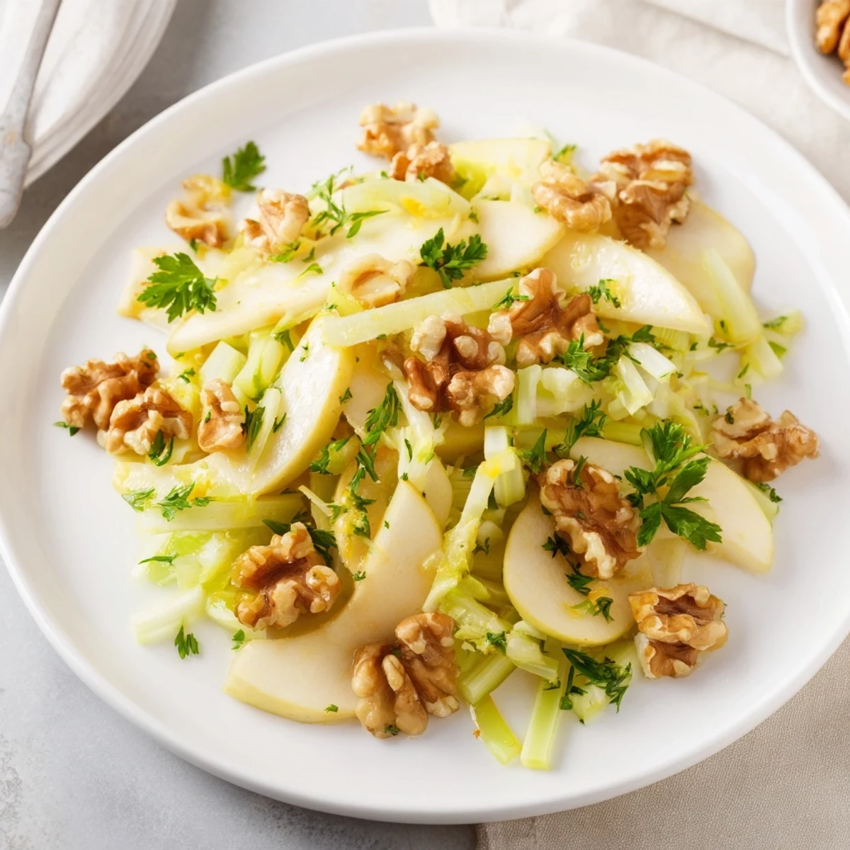 Serve this Apple and Celery Salad with Walnuts as a light vegetarian starter, pairing the sweet and tangy lemon-dressed salad with chilled sparkling water.