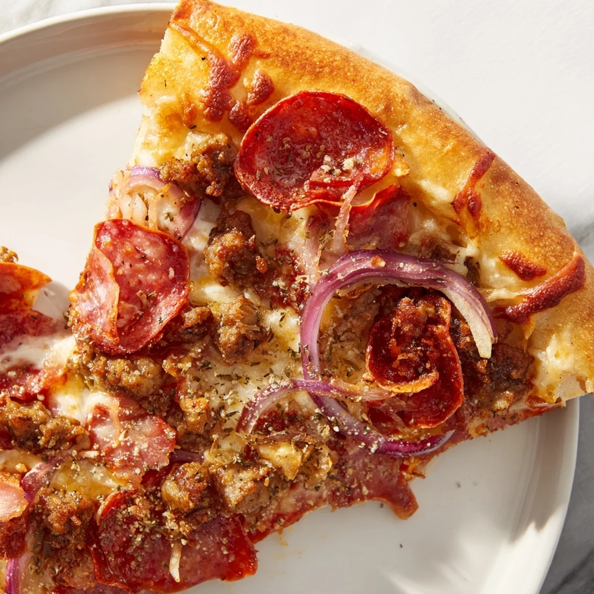 Golden, chewy crust topped with melted mozzarella, savory ground beef, crispy bacon, and pepperoni, ready to slice and serve.