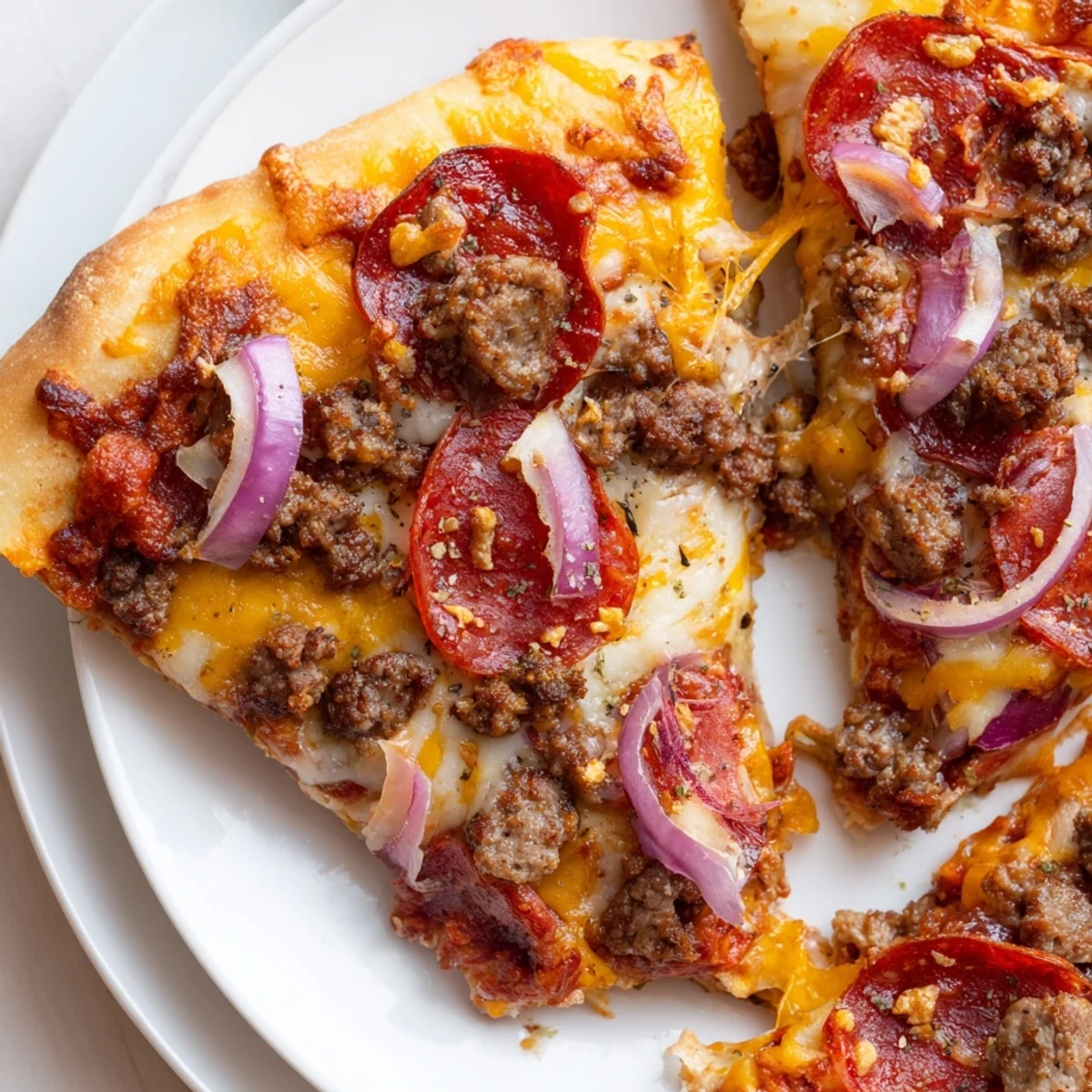 Slice of hearty meat lover pizza reveals layers of beef, sausage, and bacon on a cheesy, golden-brown Italian-American crust.