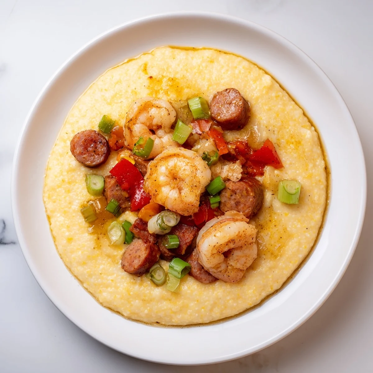 Creamy cheddar cheese grits topped with succulent sautéed shrimp and a rich, savory sauce in a rustic Southern bowl.  