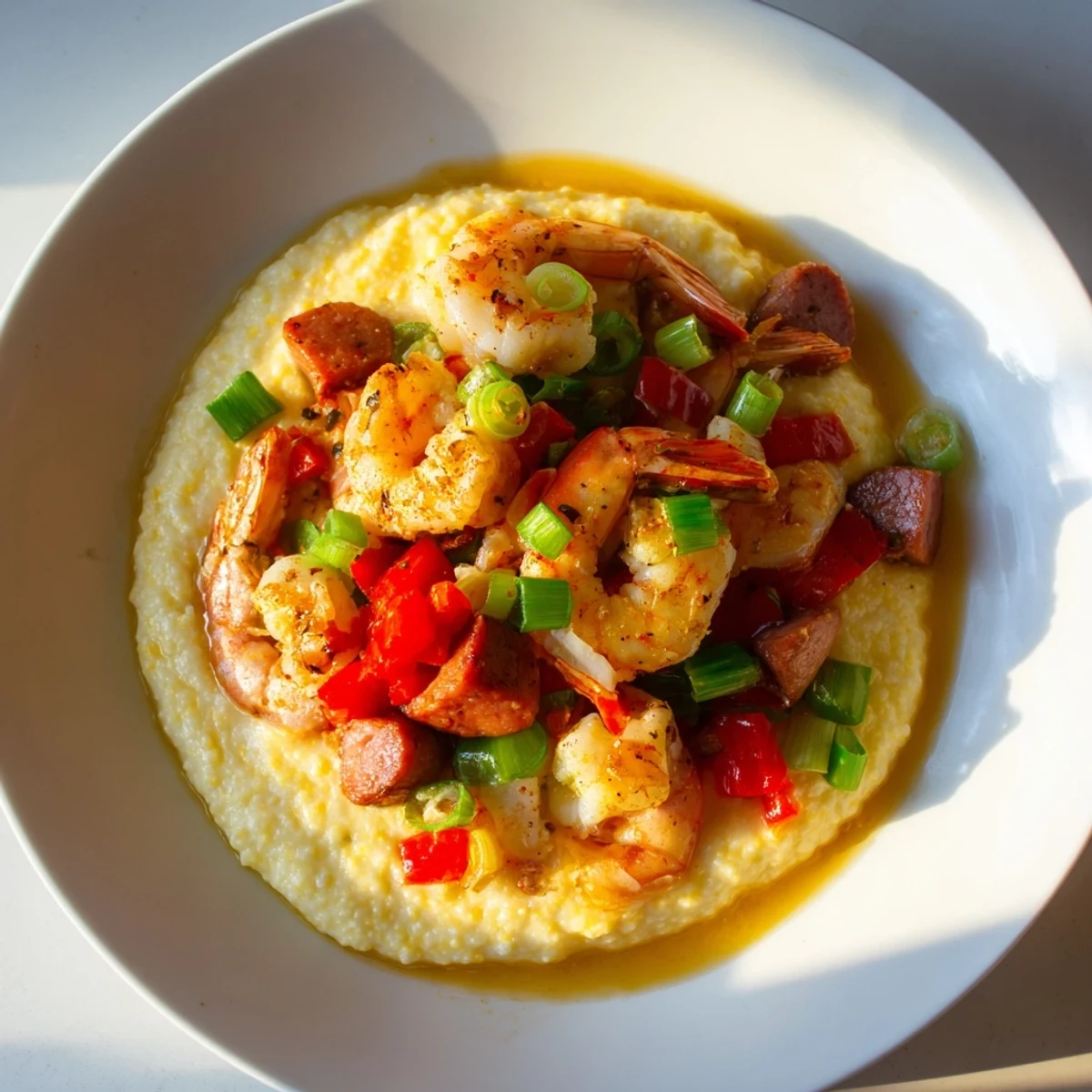 Close-up of tender shrimp and cheesy grits, a flavorful Southern American dish perfect for a cozy brunch or dinner.