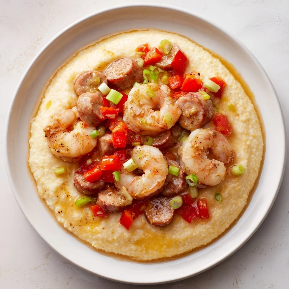 A hearty Southern comfort meal of shrimp and grits with cheddar, served with a lemony finish and fresh scallions.  