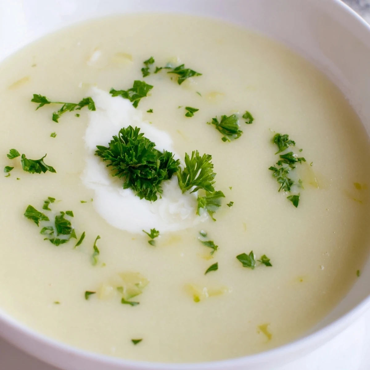 Silky Leek and Potato Soup with Cream steams gently in a rustic bowl, garnished with fresh chives.  