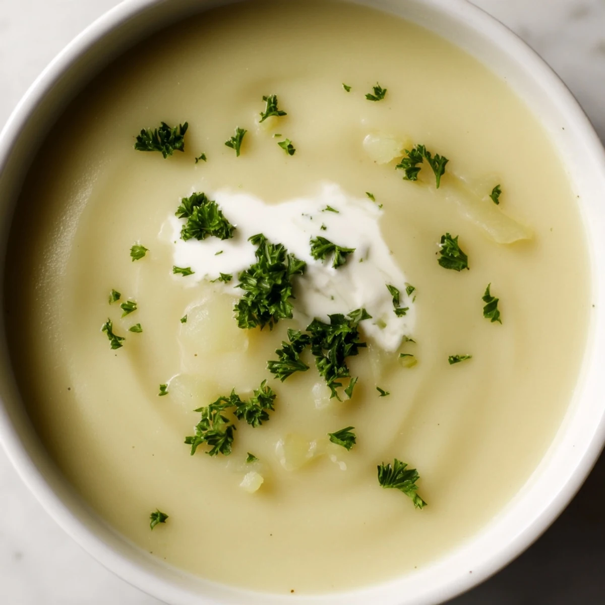 Close-up of smooth Leek and Potato Soup with Cream served in a white bowl, garnished with parsley.