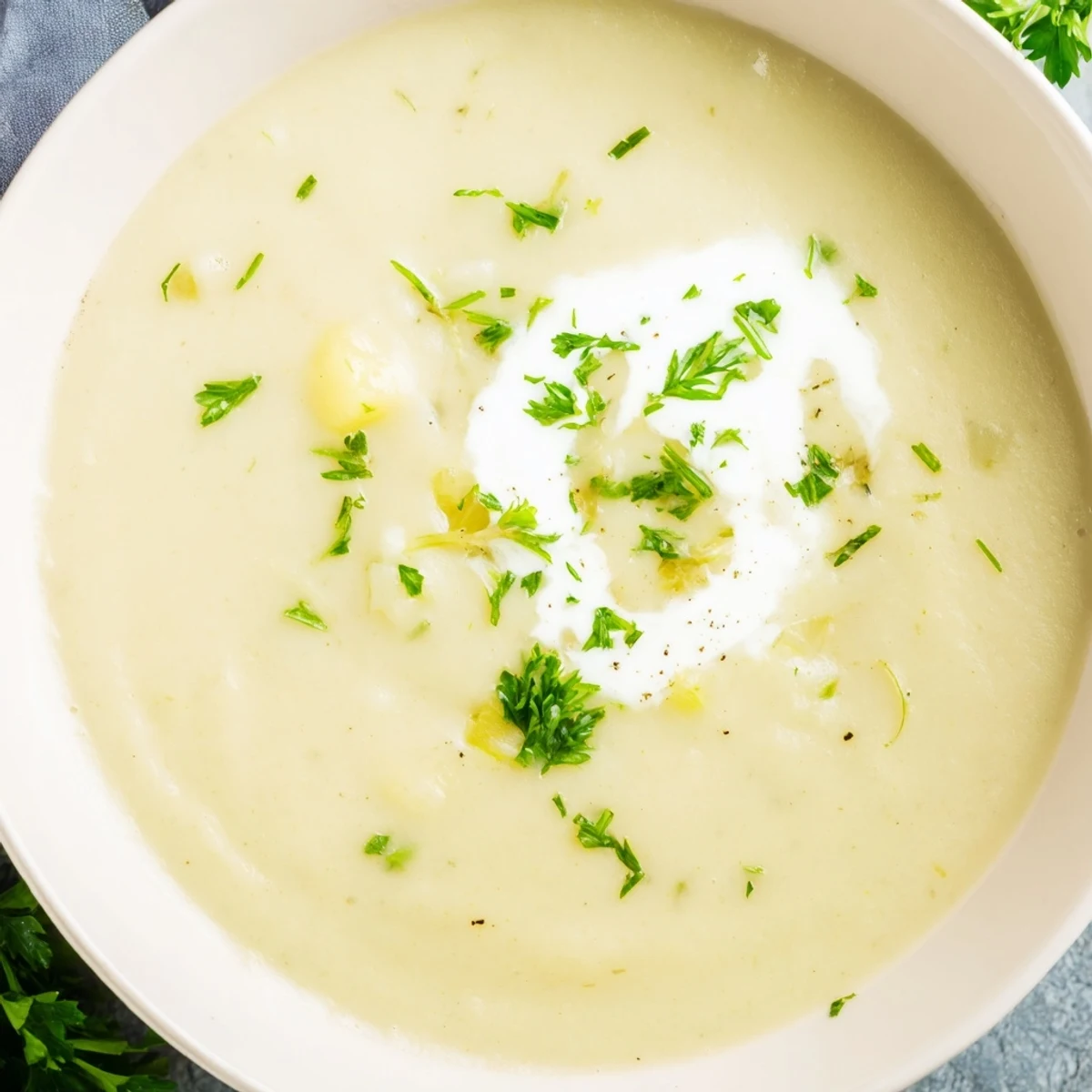 A creamy pot of Leek and Potato Soup with Cream simmers on the stove, featuring soft leeks.  
