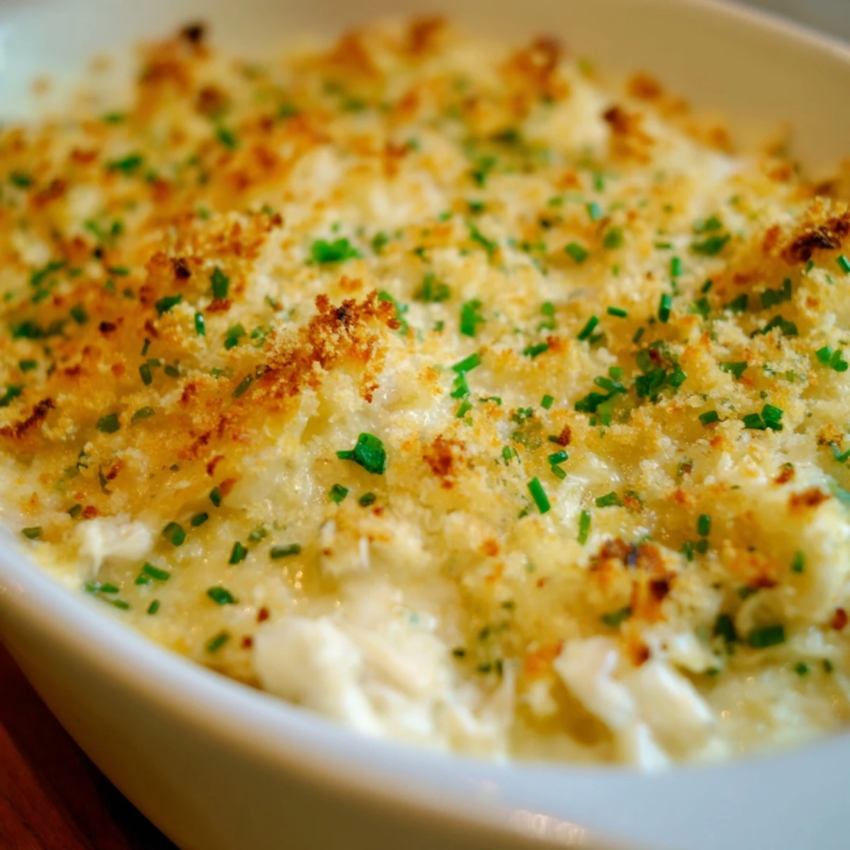A warm, golden-baked Crab Dip with Crackers and Crostini, featuring creamy, savory crab meat with fresh herbs, served alongside toasted baguette slices and assorted crackers.  