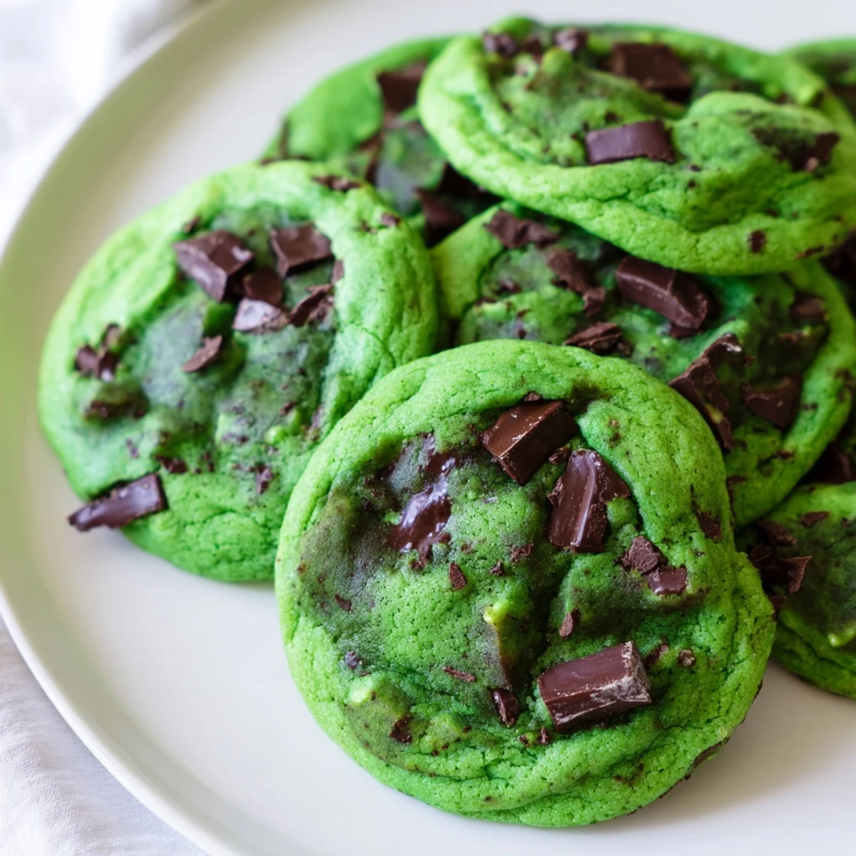 A stack of golden-brown Mint Chip Cookies with vibrant green dough, studded with dark chocolate chips and ready to serve.