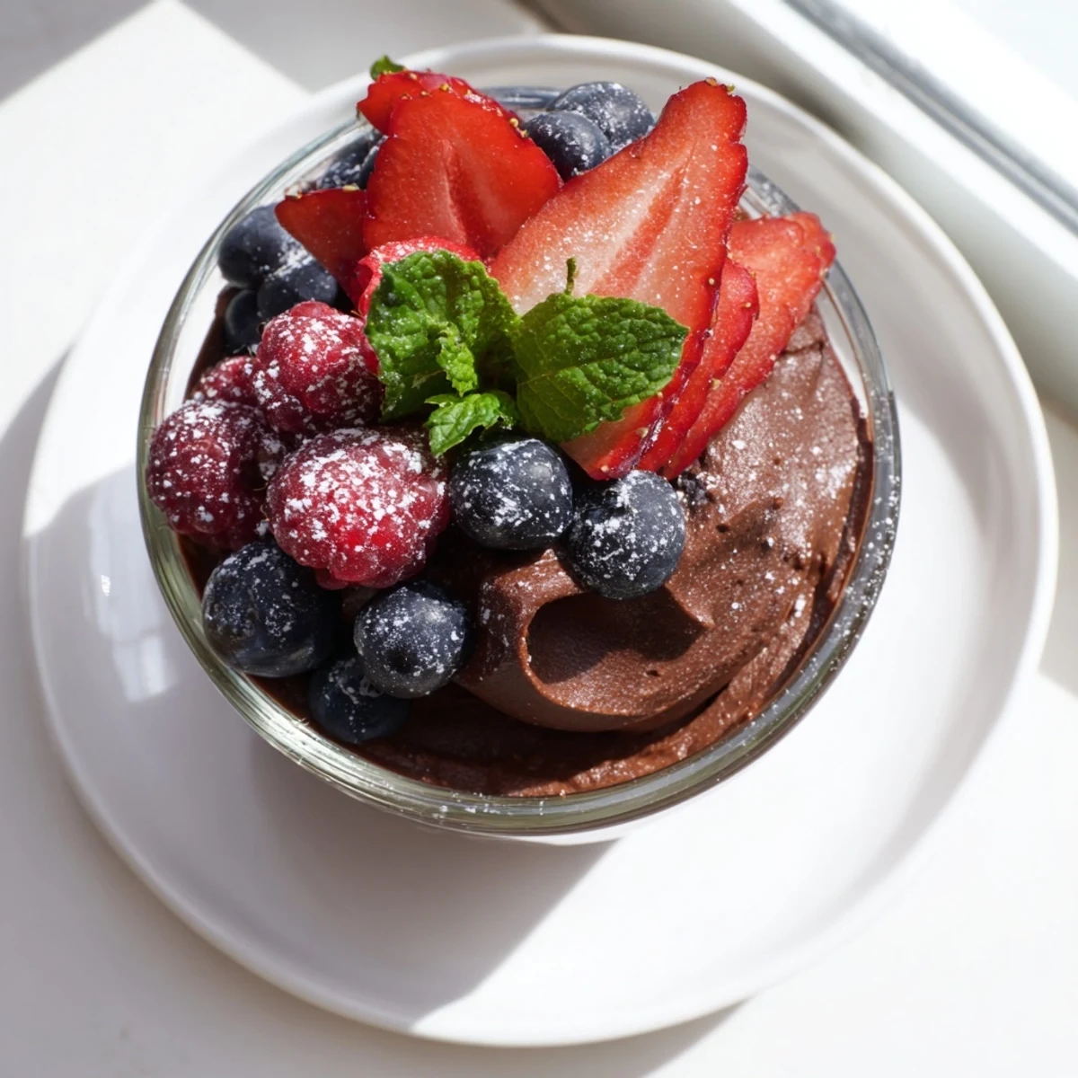 Creamy Chocolate Mousse with Mixed Berries topped with fresh strawberries and blueberries in a glass.