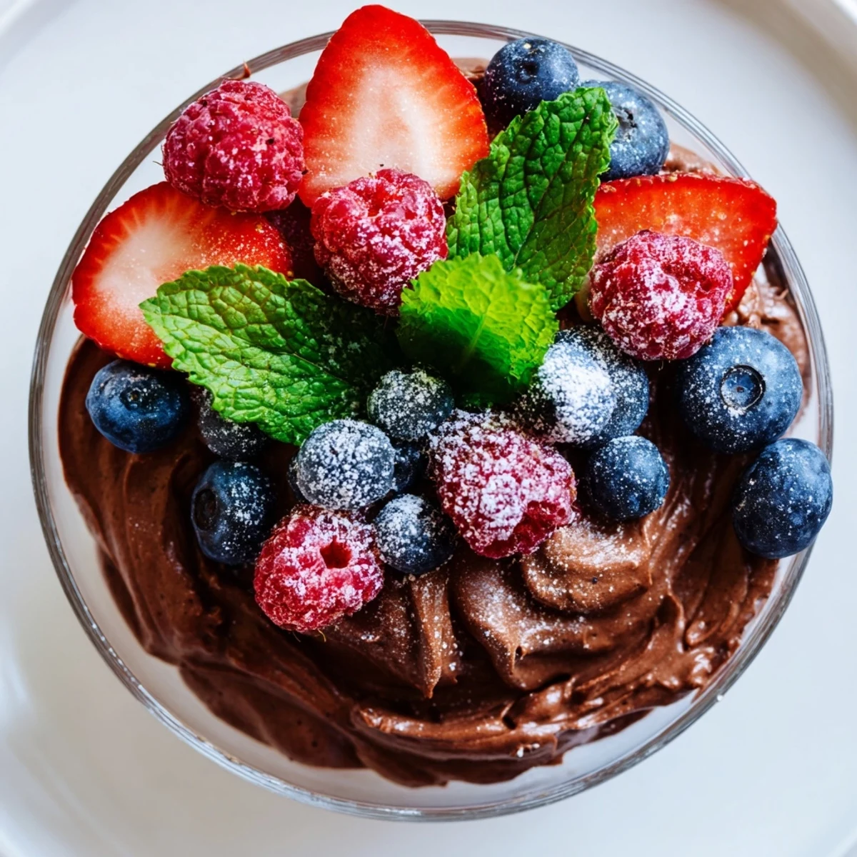 Indulgent Chocolate Mousse with Mixed Berries garnished with mint, ready for an elegant dessert pairing.