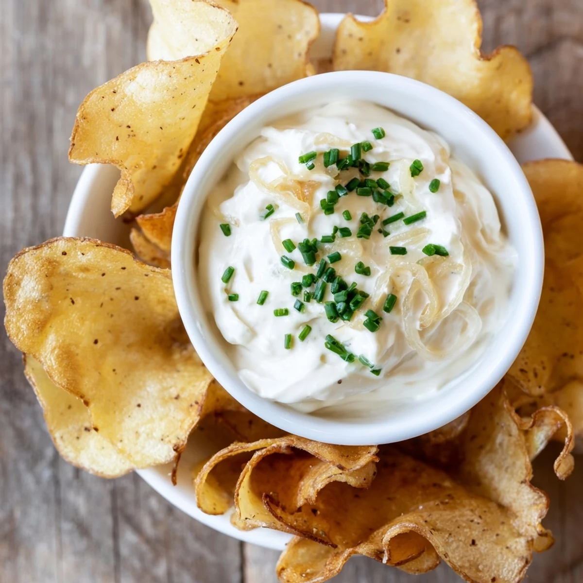 Creamy caramelized onion dip with crispy golden homemade potato chips in a serving bowl.