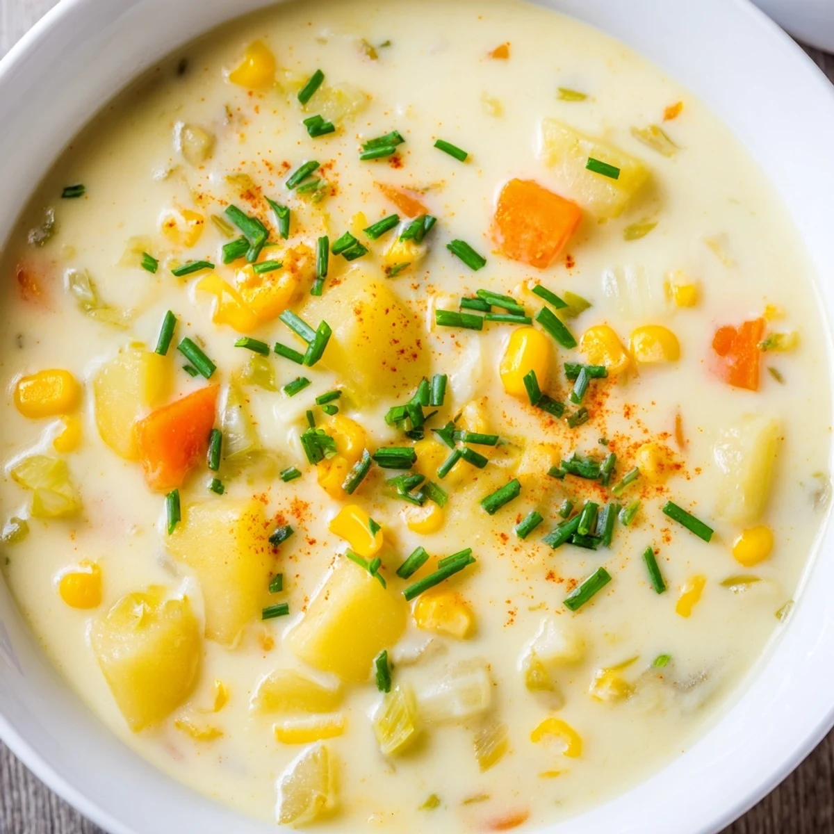 Velvety homemade creamy corn chowder with sweet corn, diced potatoes, and a light sprinkle of paprika garnish.