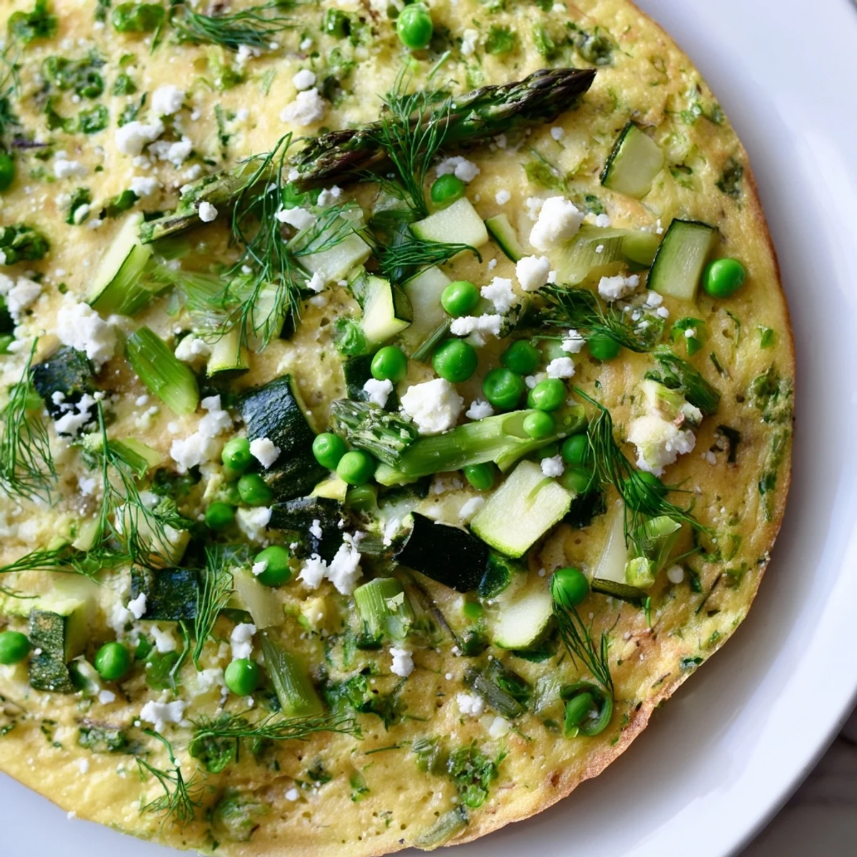 Golden-brown Spring Vegetable Frittata with Herbs in a skillet, showcasing tender asparagus, peas, and spinach baked into fluffy eggs and topped with crumbled feta cheese.  