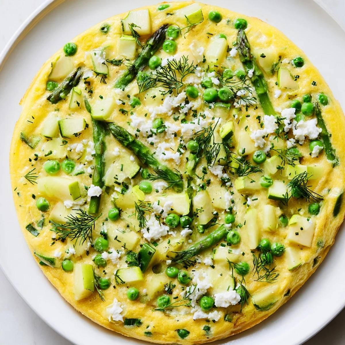 Overhead view of Spring Vegetable Frittata with Herbs, featuring diced zucchini, scallions, and fresh herbs mixed into a golden, puffy egg dish ready to serve.