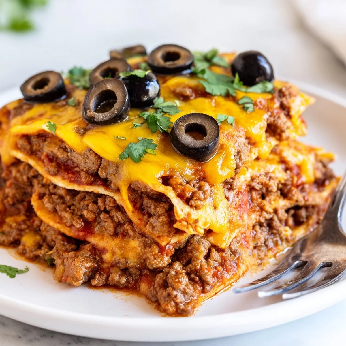 Golden, bubbly cheese tops a hearty Beef Enchilada Casserole layered with seasoned ground beef and rich red sauce.