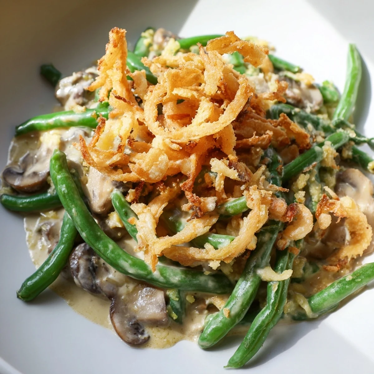 A close-up of Green Bean Casserole with Crispy Onions, highlighting the bubbling, creamy sauce and crunchy, golden-brown fried onion topping.