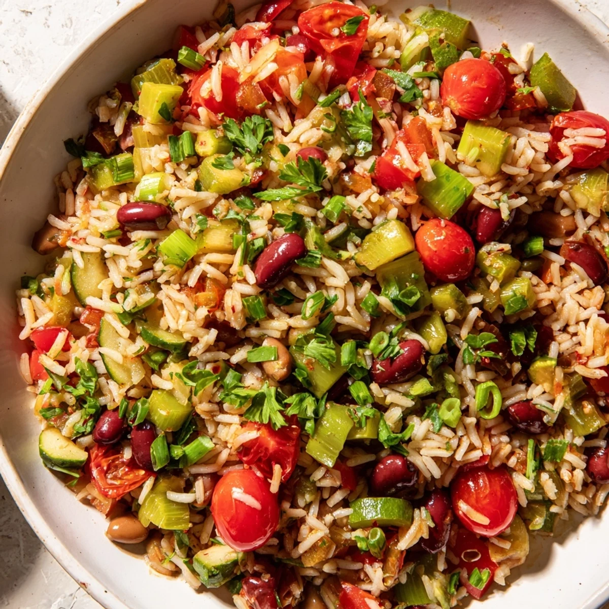 Hearty Mardi Gras Veggie Jambalaya simmered in a Dutch oven, showcasing tender zucchini, bell peppers, and okra in a vibrant, tomato-based broth ready to serve.  