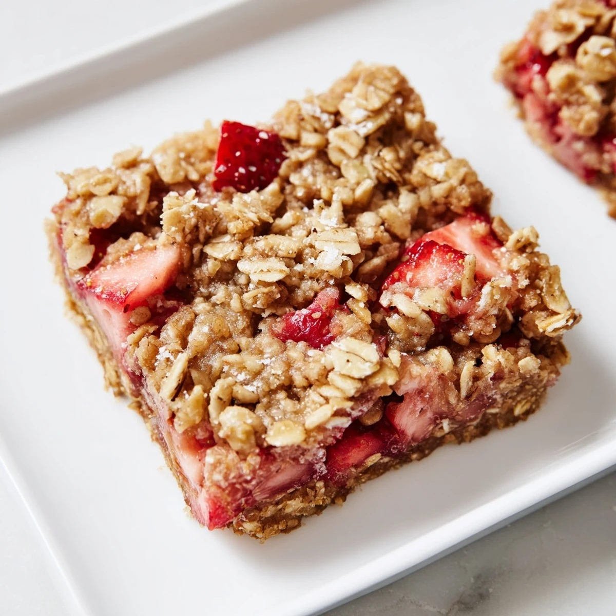 Golden-baked Strawberry Rhubarb Crumble Bars on a rustic wooden board, showcasing the vibrant red fruit filling and crumbly oat topping.