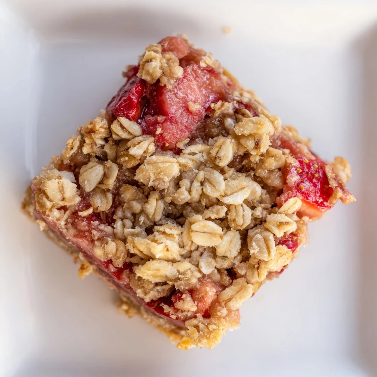 Freshly baked Strawberry Rhubarb Crumble Bars served on a white plate, with a scoop of vanilla ice cream melting on top.