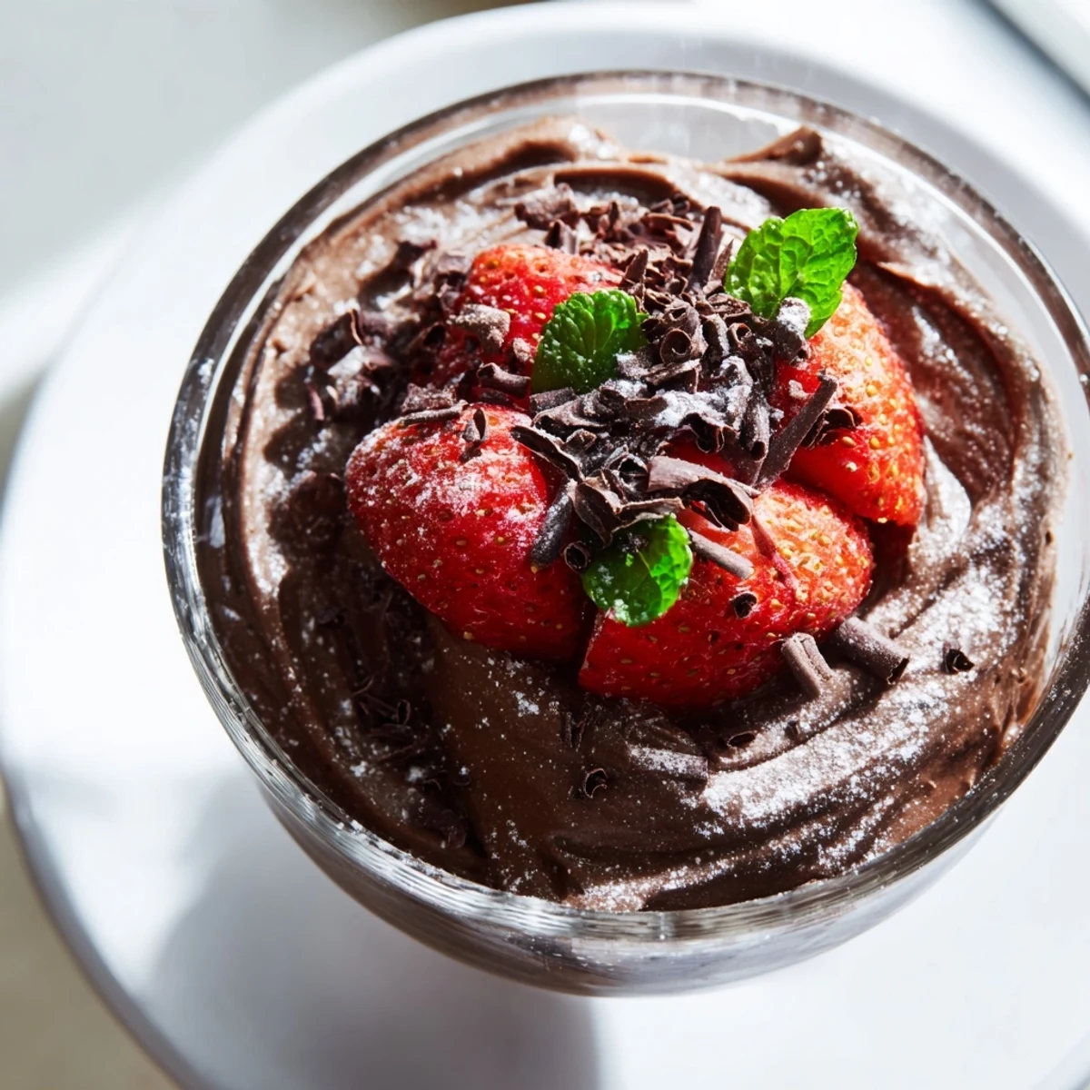 Airy chocolate mousse with halved strawberries and a hint of vanilla in a clear serving glass.
