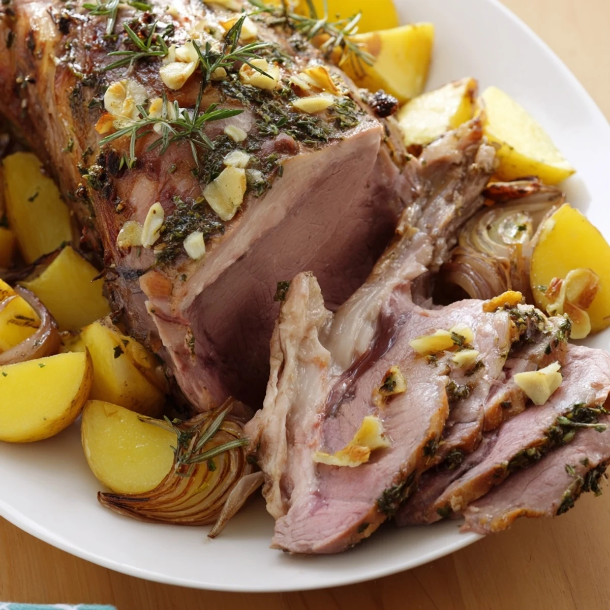 Golden-brown herb-crusted roasted leg of lamb rests beside crispy potatoes and onions on a rustic platter.