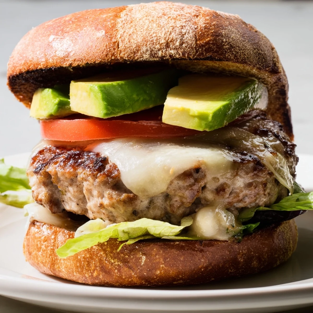 Turkey Burger with Avocado and Swiss Cheese on a plate, featuring melted cheese, ripe avocado, and fresh veggies on a toasted bun.