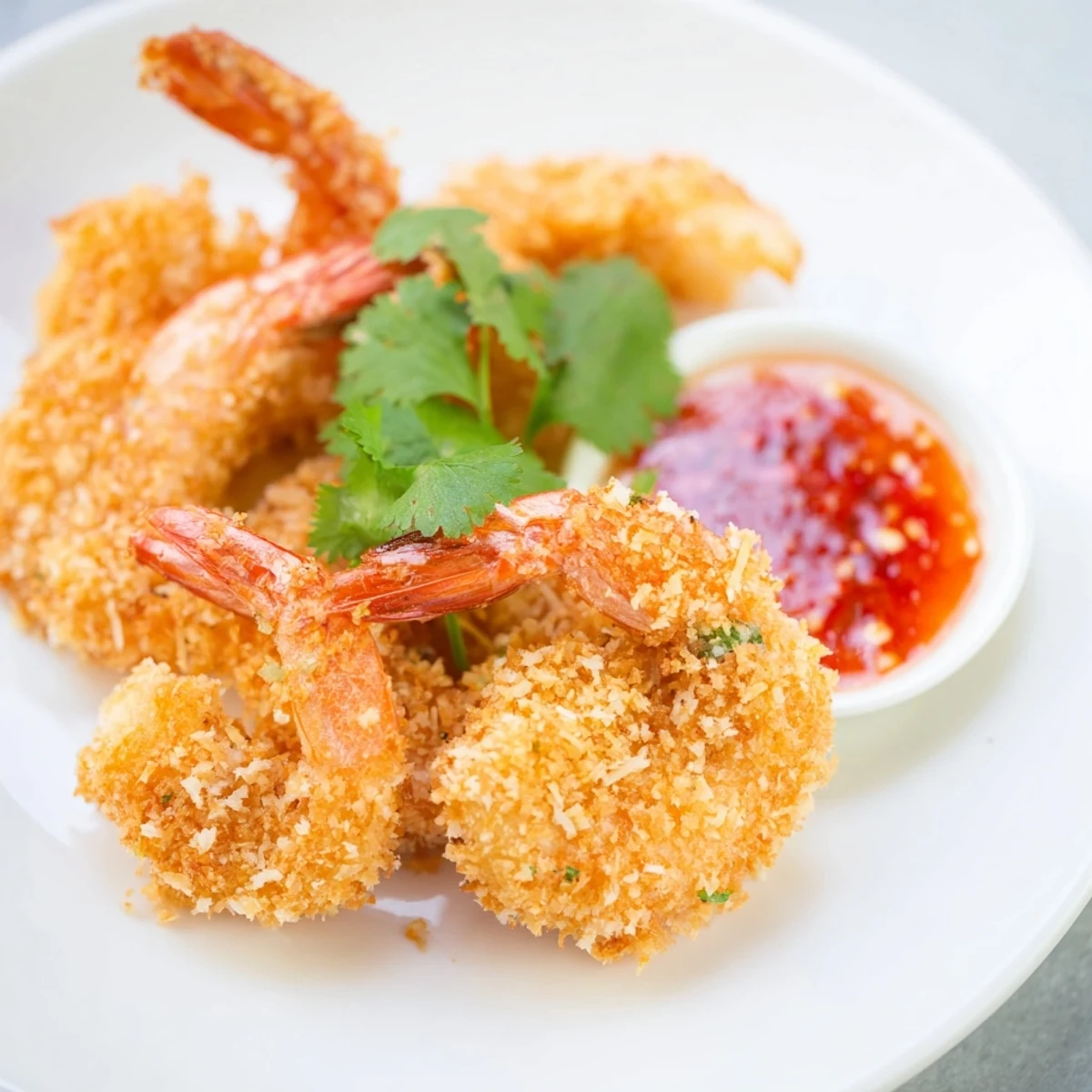 A plate of Crispy Coconut Shrimp with Sweet Chili Sauce, golden and crunchy with a tangy dipping sauce, perfect for game day.