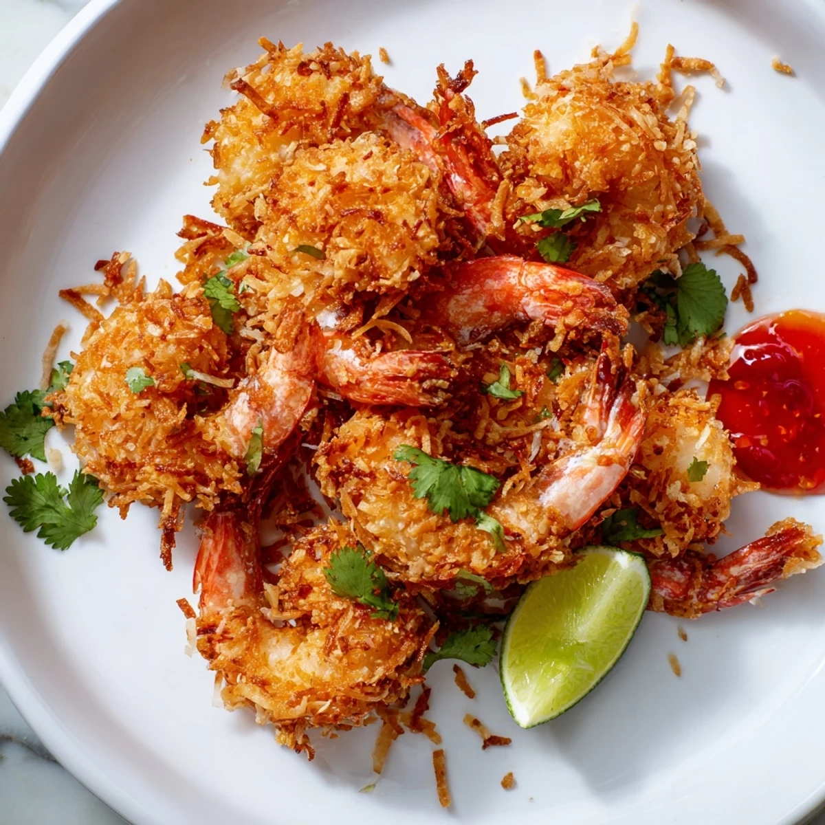 Crispy Coconut Shrimp with Sweet Chili Sauce arranged on a white plate, garnished with fresh cilantro and lime wedges, ready to serve.